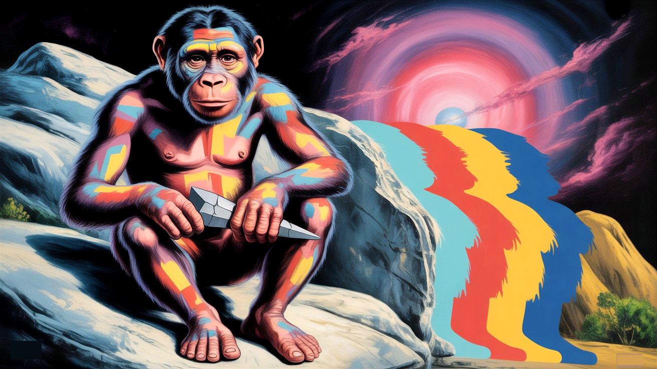 Vividly Painted Monkey in Surreal Landscape Scene