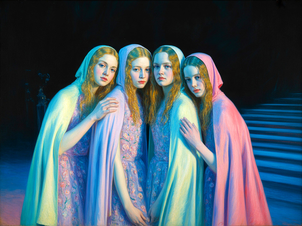 Haunting Painting of Four Women in Pastel Gowns