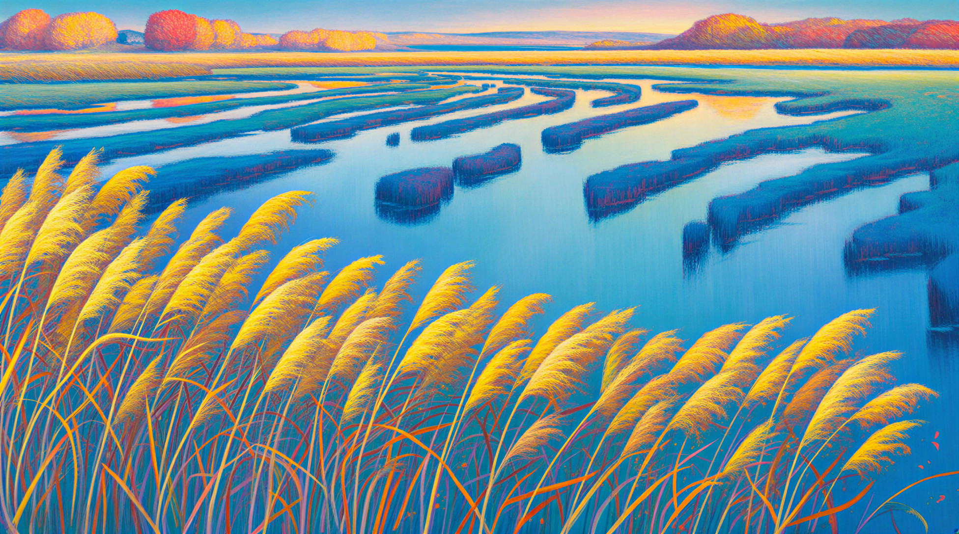 Serene Landscape with Reeds and Tranquil Waterway