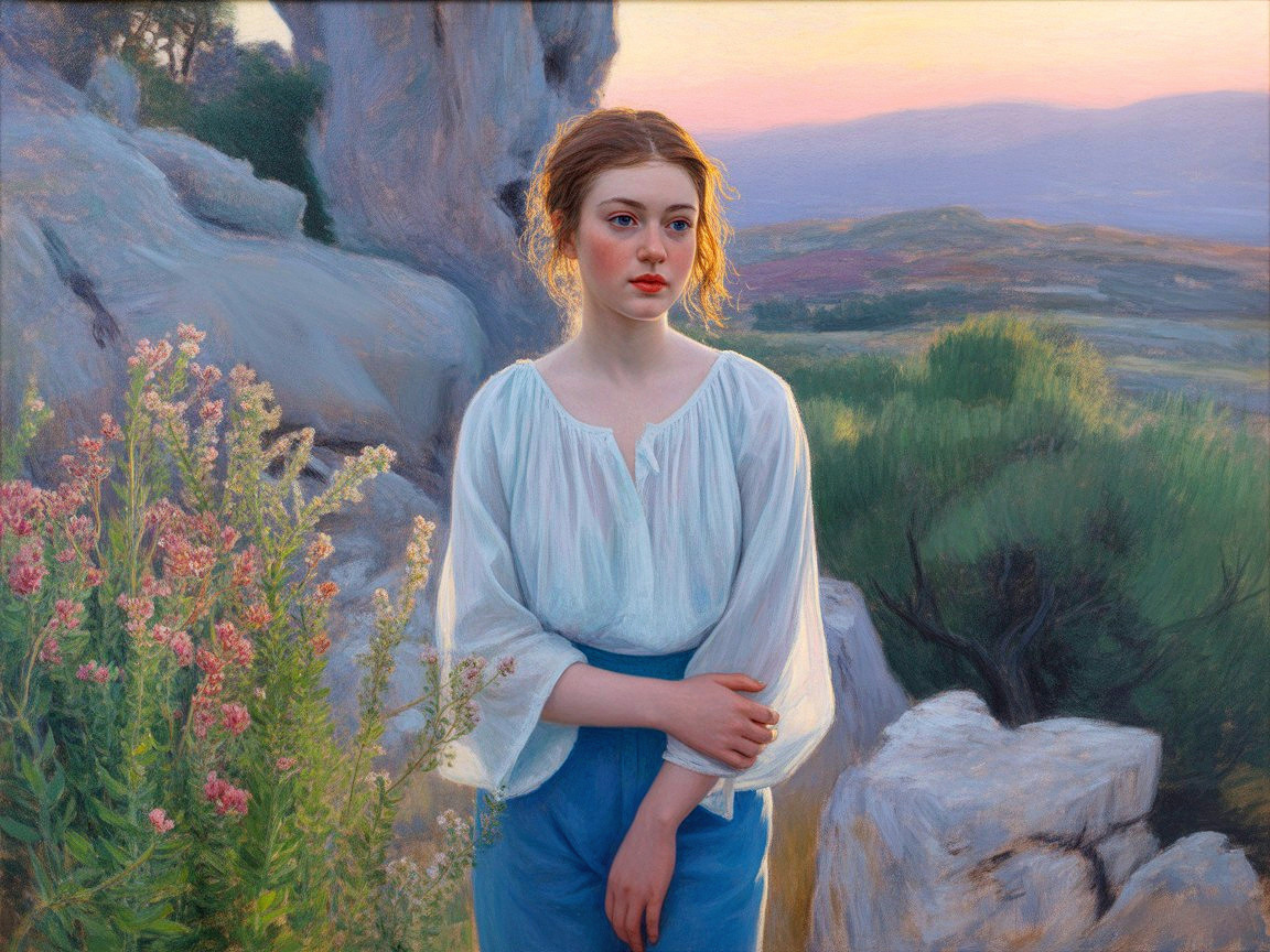 Young woman in white blouse among blooming flowers