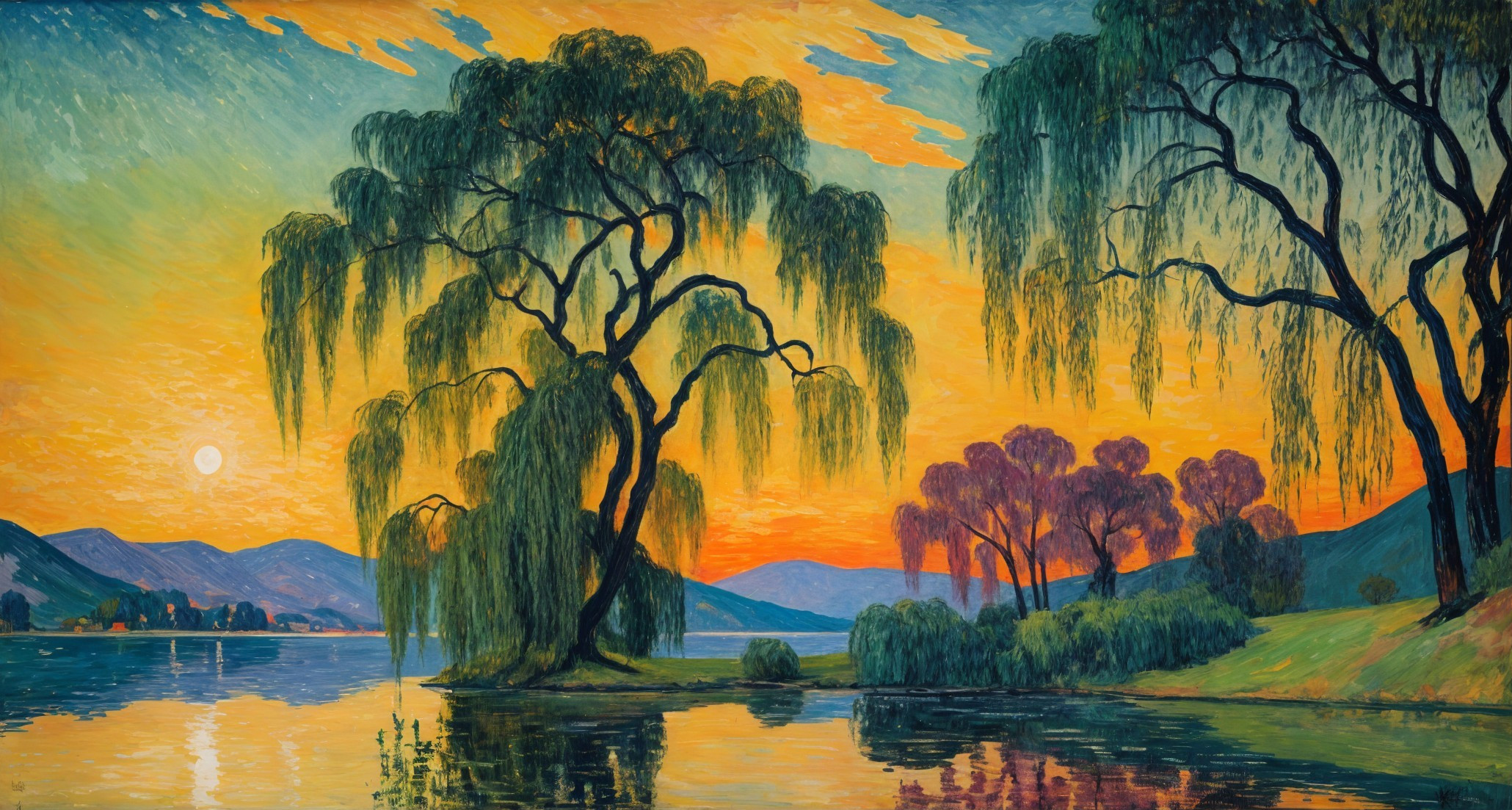 Serene Sunset Landscape with Tranquil Lake and Trees