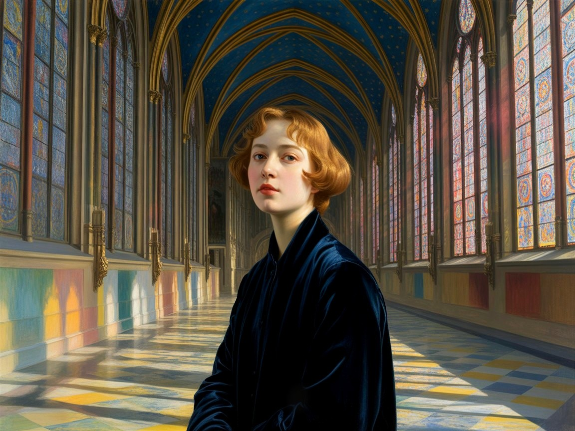 Young Woman in Velvet Garment in Gothic Hall