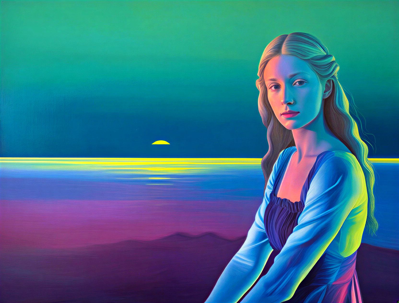 Serene Young Woman Against Vibrant Sunset Seascape