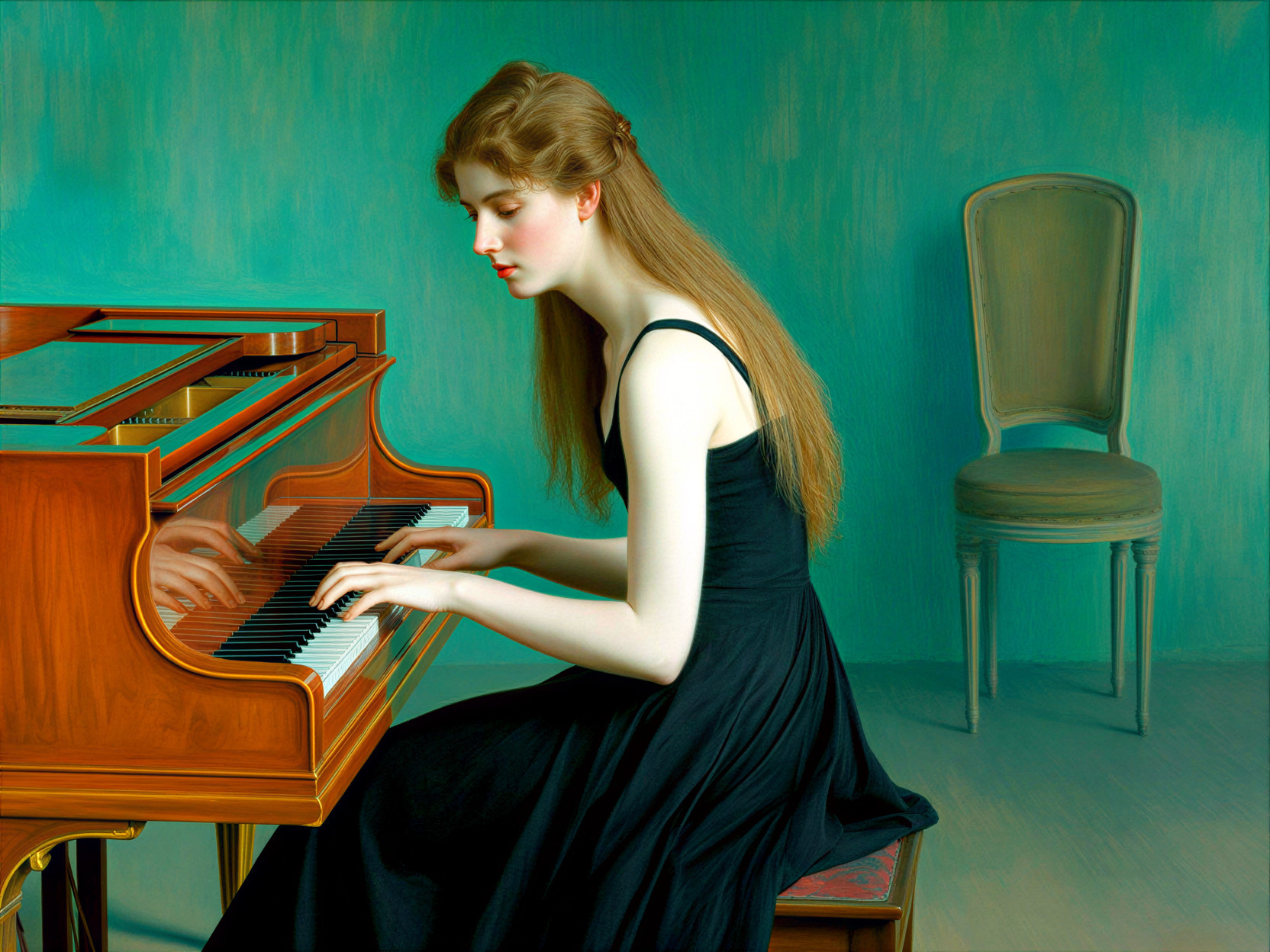 Young Woman in Black Dress Playing Grand Piano