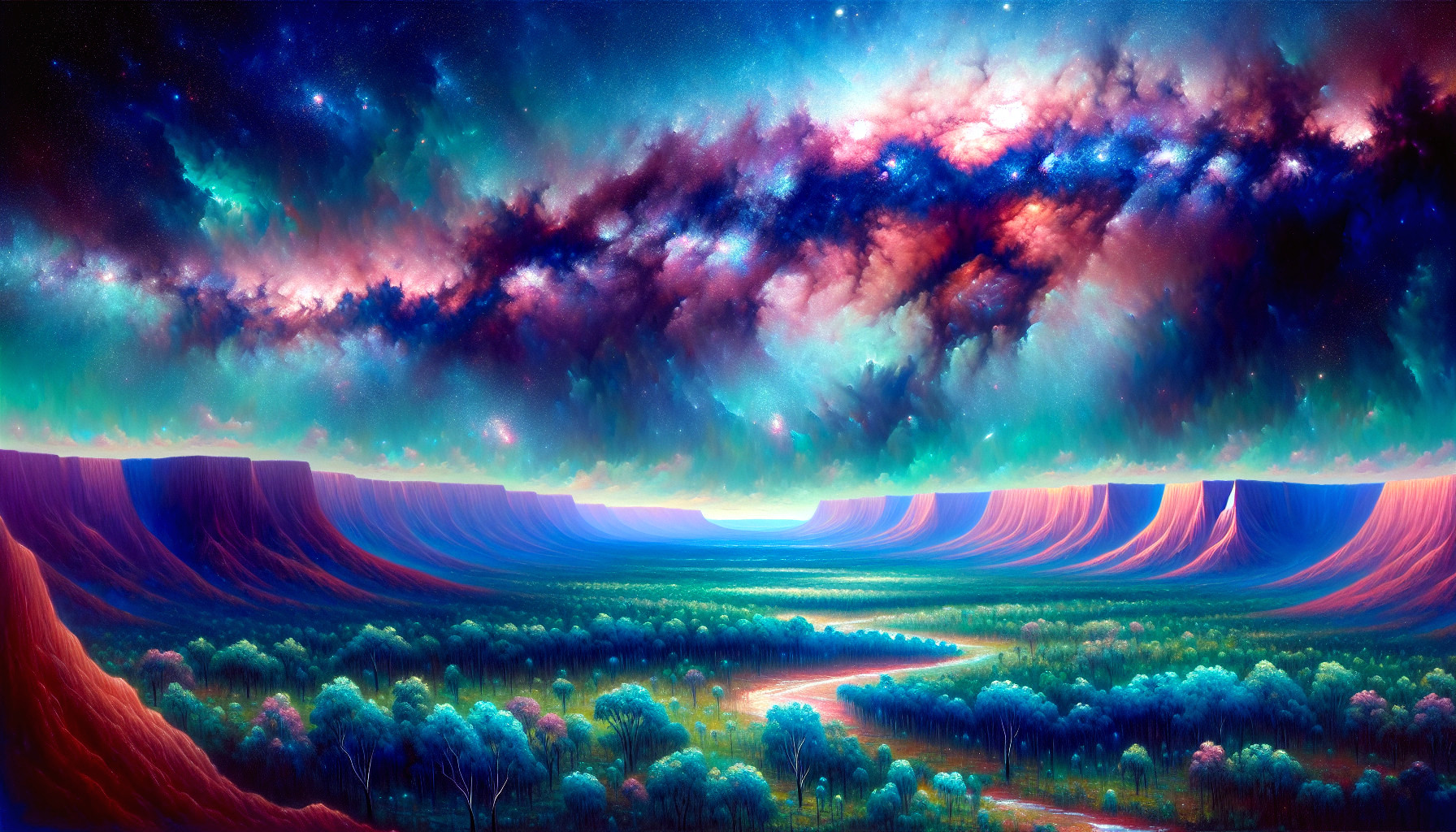 Vibrant Ethereal Landscape with Cliffs and Stars