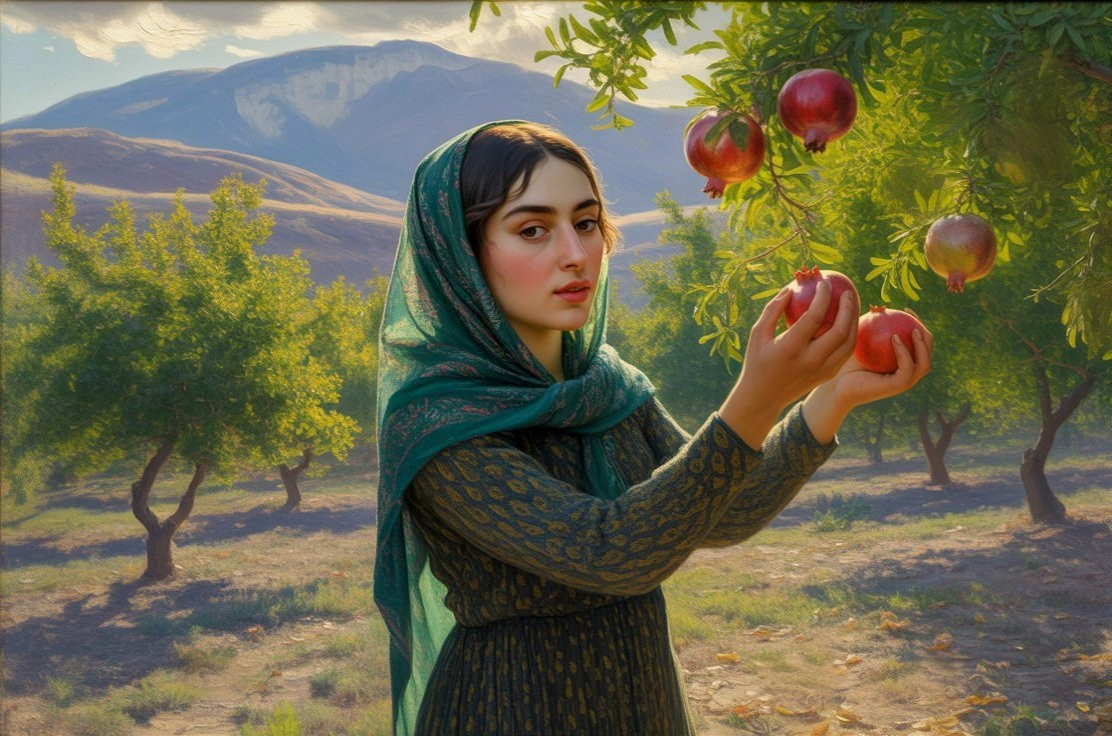 Young woman in green scarf among pomegranate trees