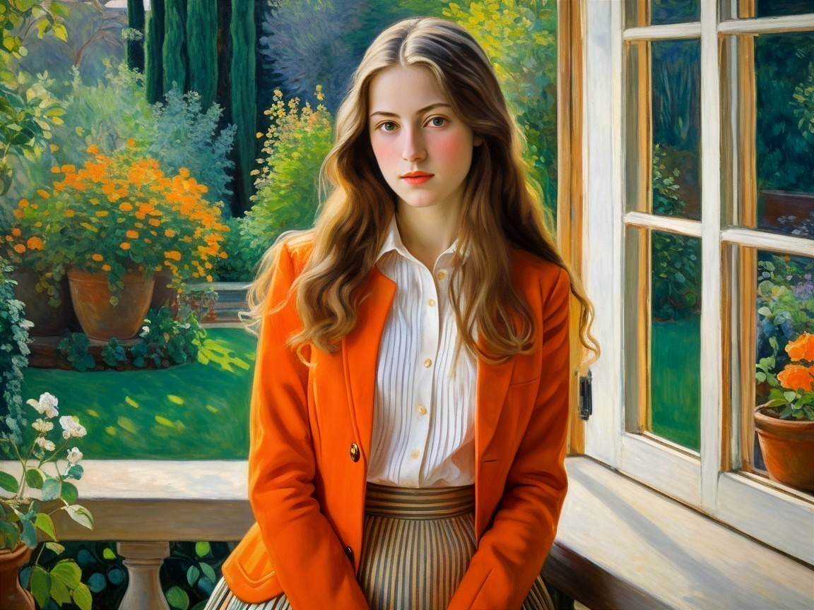 Young Woman in Orange Blazer by Garden Window