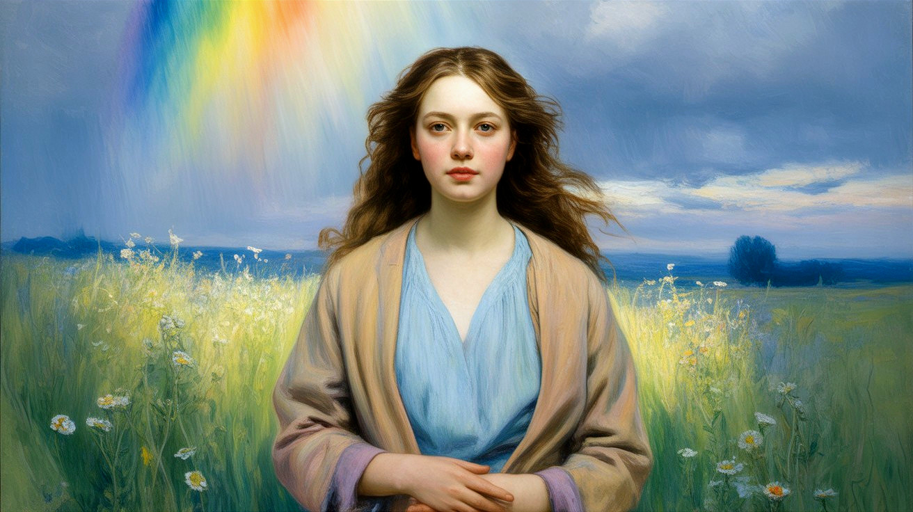 Young woman in wildflower field with rainbow backdrop