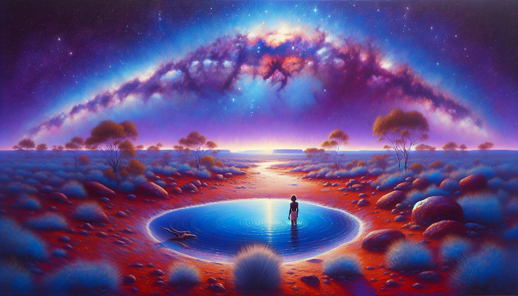 Surreal Landscape with Cosmic Sky and Reflective Pool