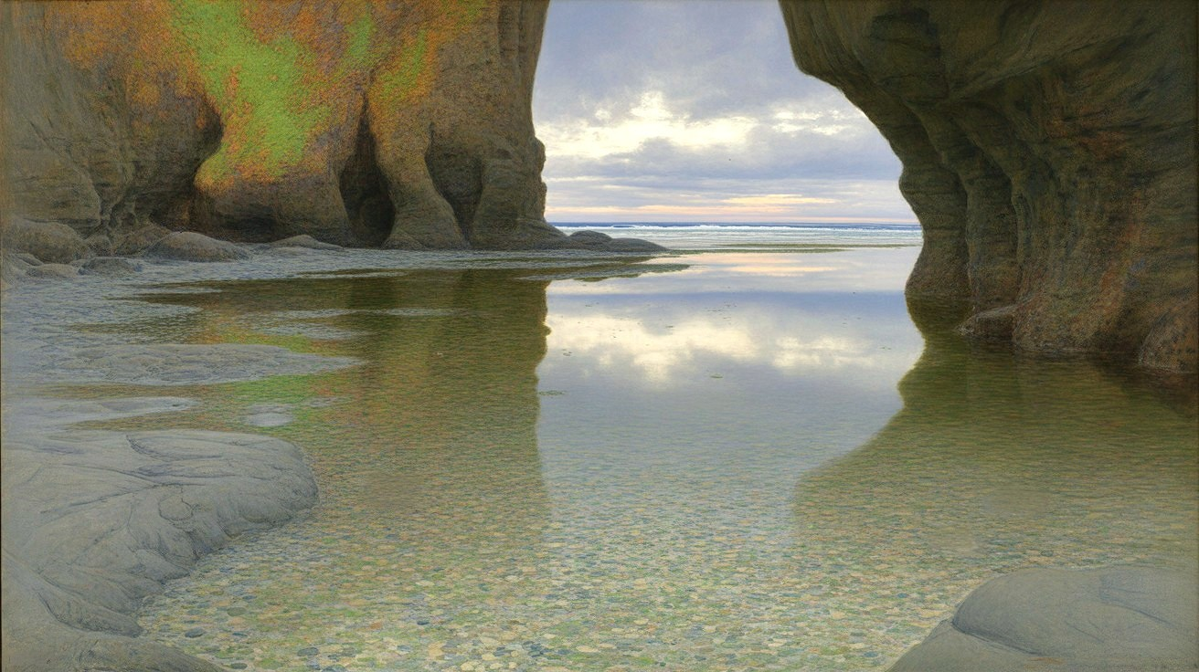 Coastal Scene with Rock Arch and Tidal Pool Reflection