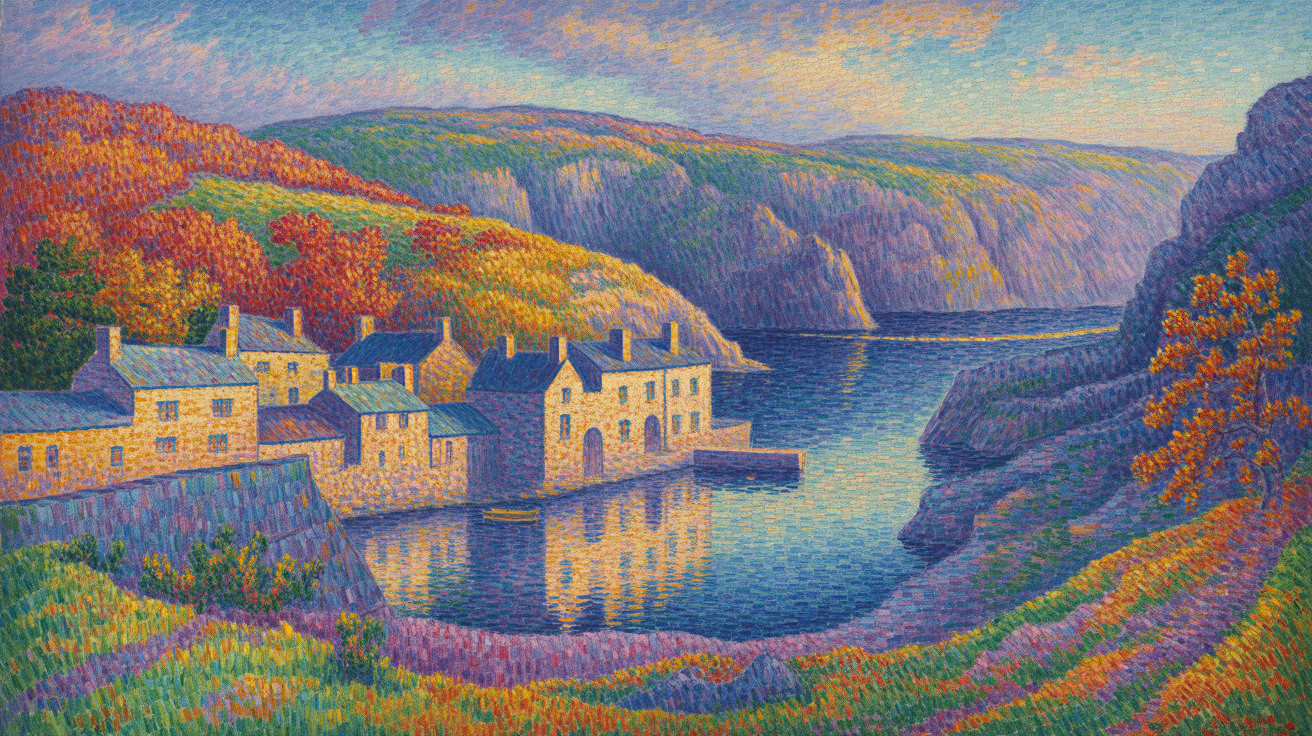 Serene Coastal Scene with Quaint Buildings and Hills