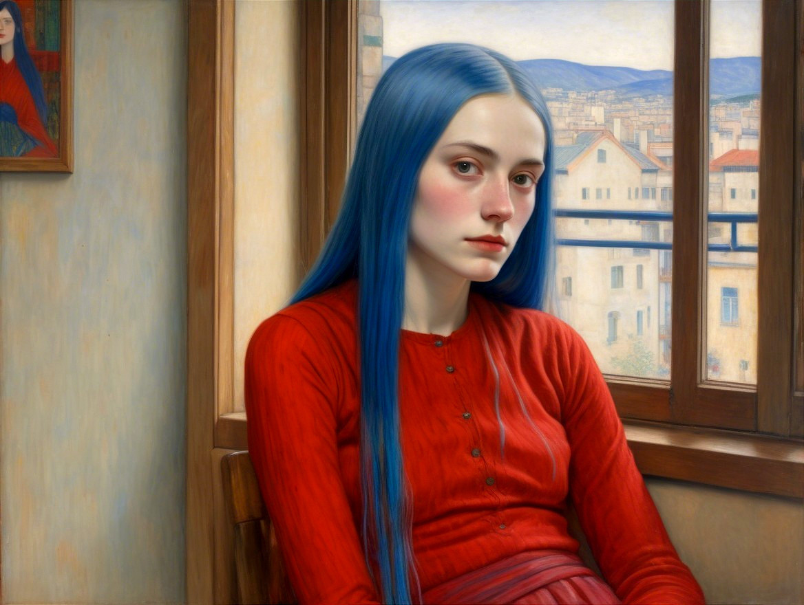 Young Woman with Blue Hair in Red Dress by Window