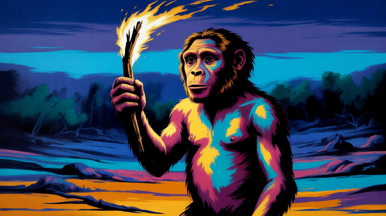 Vibrant Early Hominid with Torch in Twilight Scene