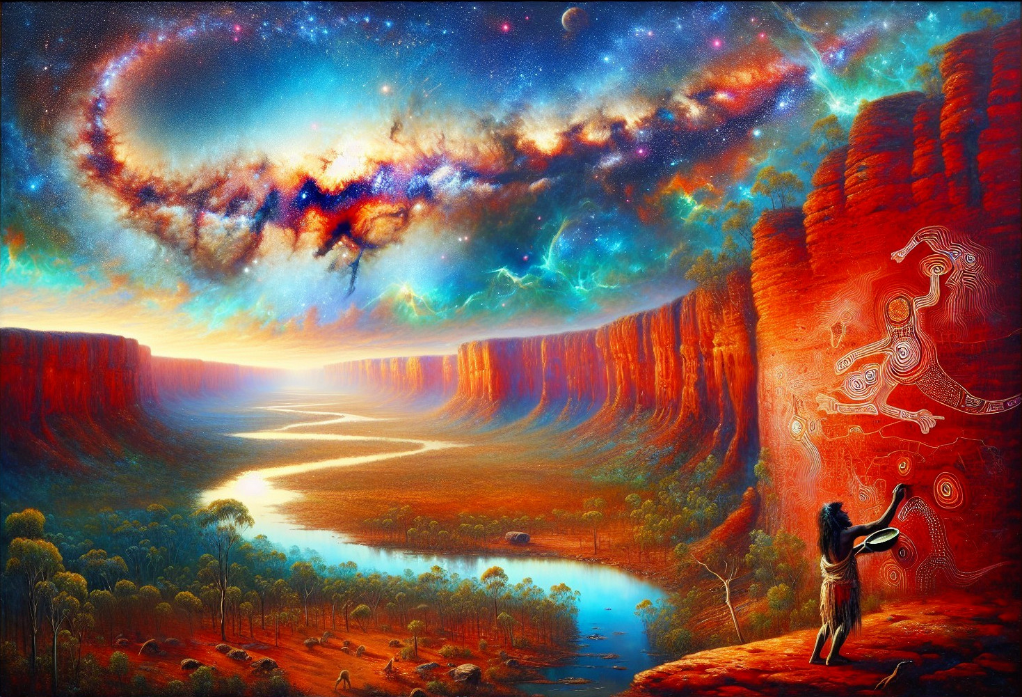 Vibrant Cosmic Landscape with River and Ancient Art