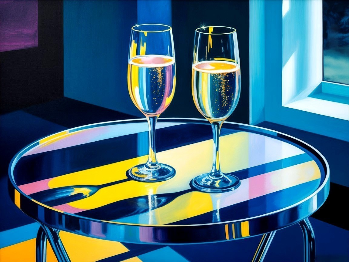 Champagne Glasses on Modern Table with Vibrant Colors