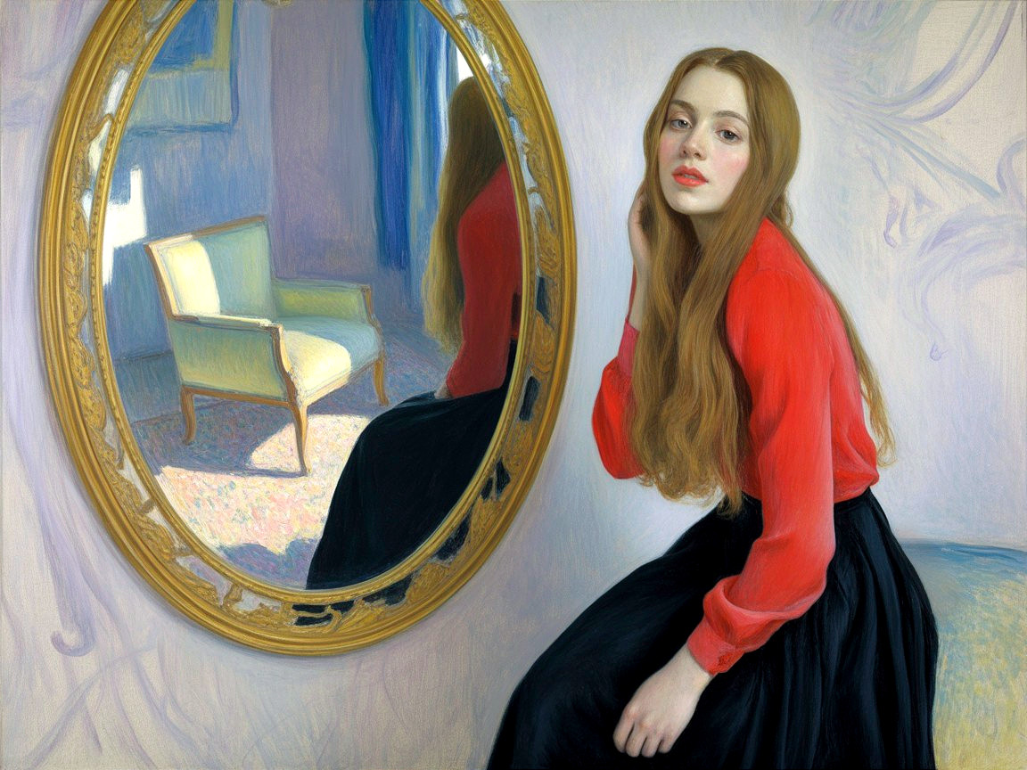 Young Woman in Red Blouse by Ornate Mirror