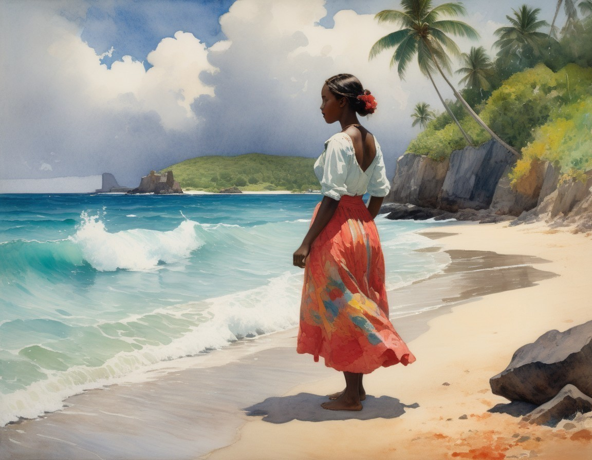 Woman in Colorful Skirt at Serene Beach Scene