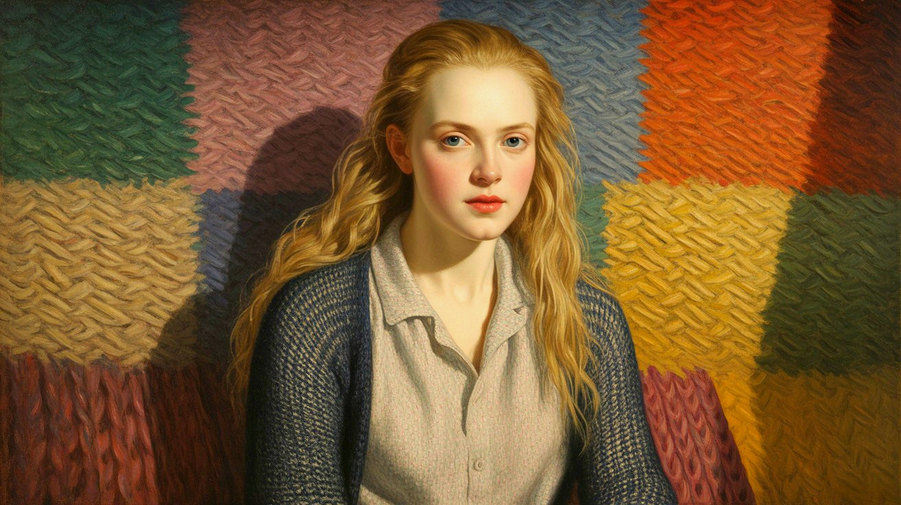 Young Woman with Blonde Hair Against Colorful Quilt