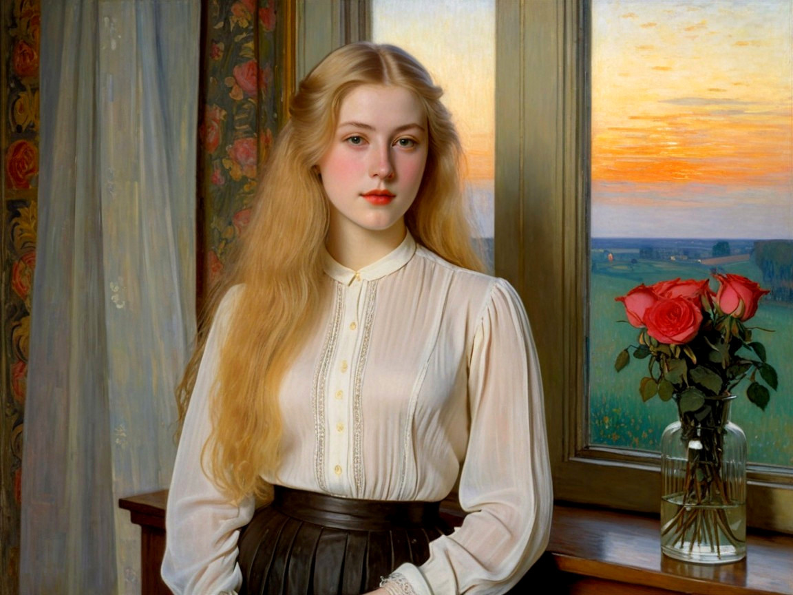 Young Woman by Window with Roses and Sunset Light