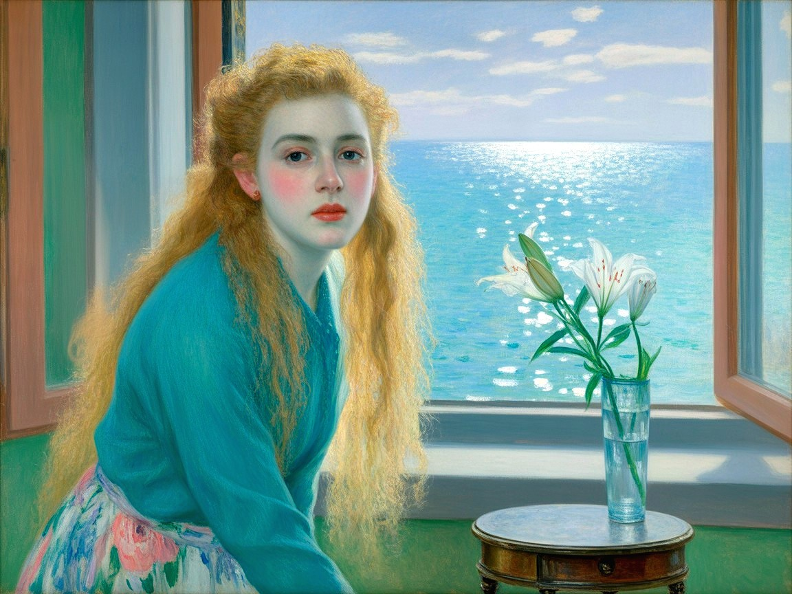 Young woman in sunlit room with sea view and flowers