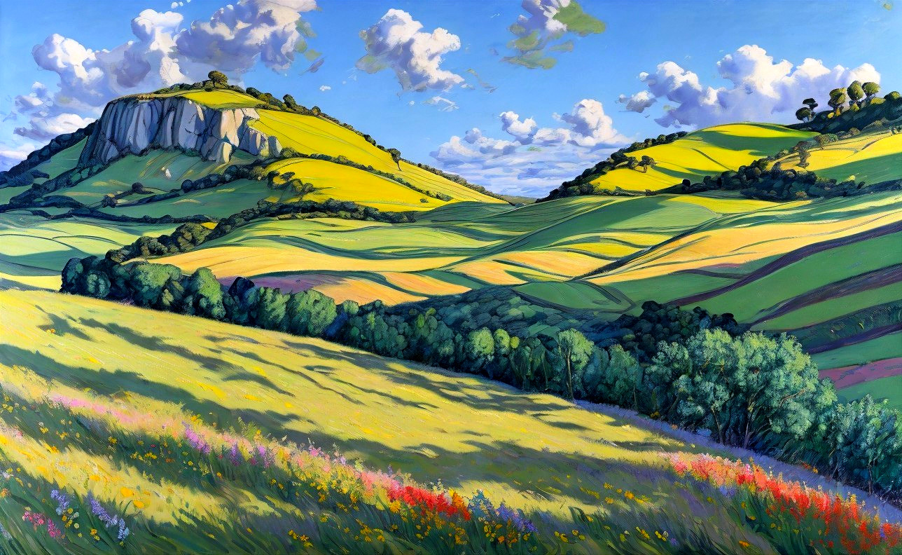 Vibrant Landscape of Rolling Hills and Wildflowers