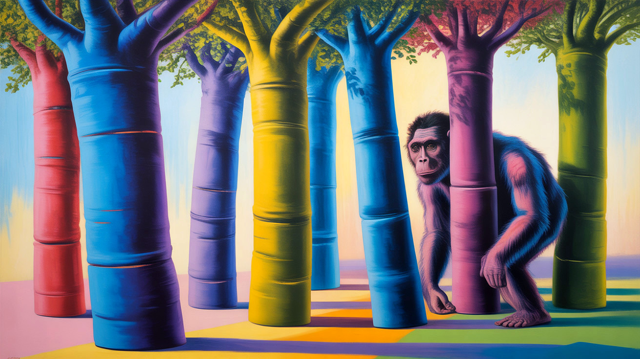 Surreal Landscape with Colorful Trees and Monkey