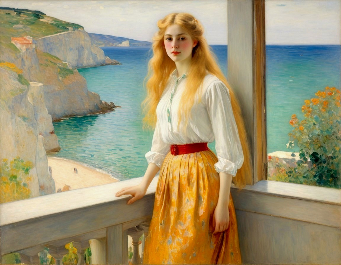 Young Woman on Balcony Overlooking Coastal Landscape