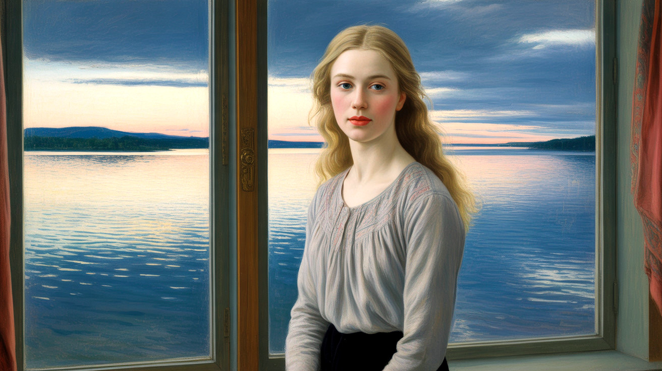 Portrait of a Young Woman by a Sunset Lake Window