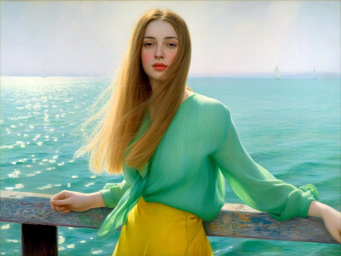 Young woman by tranquil sea with flowing attire