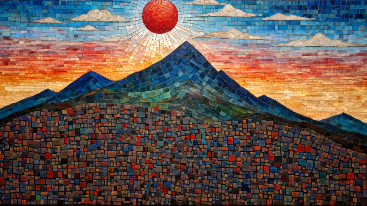 Mosaic Artwork of a Vibrant Landscape and Mountains
