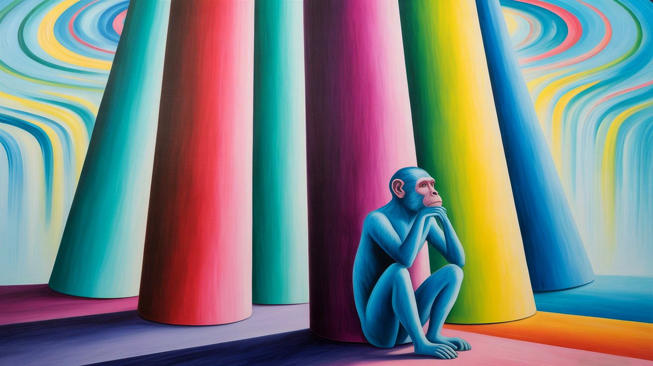 Surreal Artwork of a Blue Monkey Among Colorful Pillars