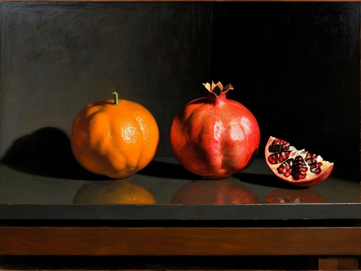 Still Life of Orange and Pomegranates on Reflective Surface