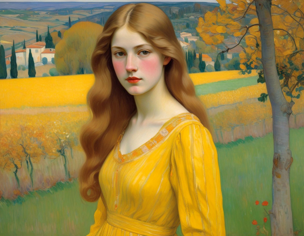 Young Woman in Yellow Dress Amidst Autumn Landscape