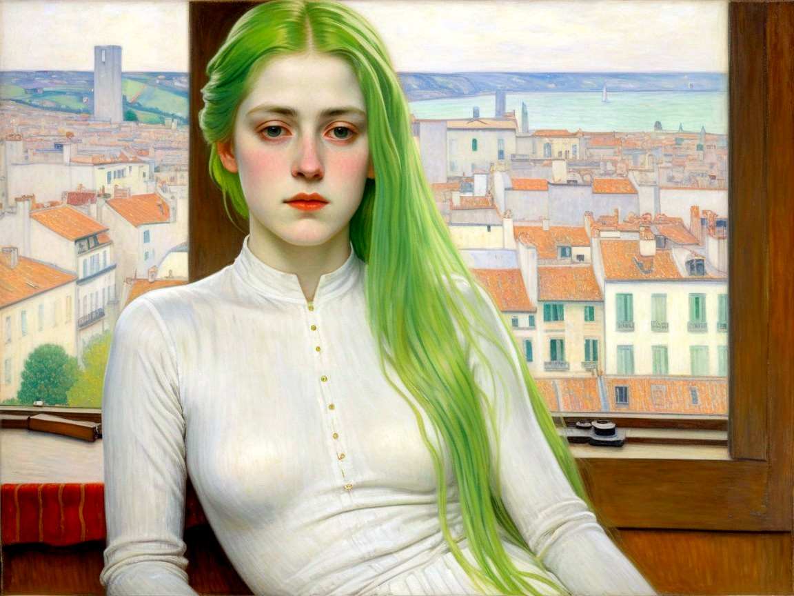 Young woman with green hair in coastal town setting