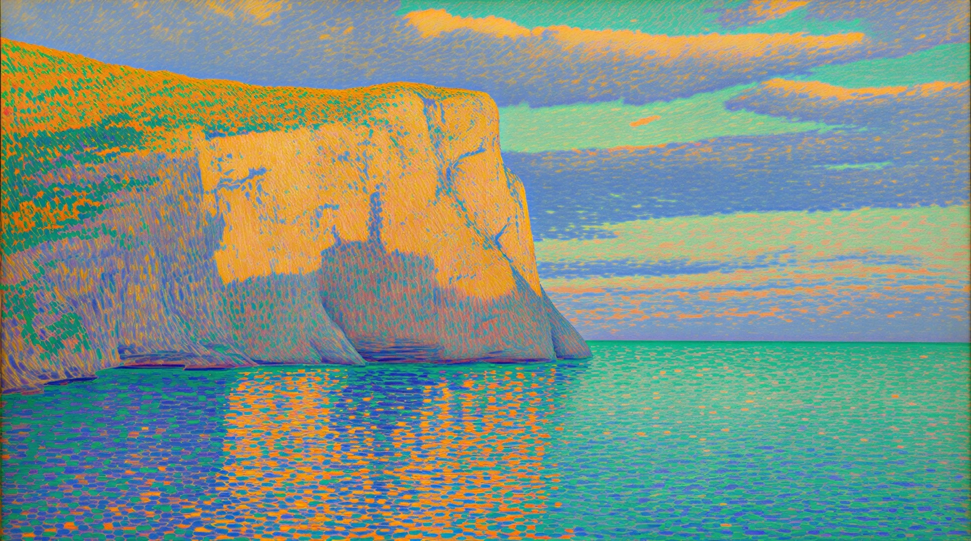 Vibrant Seaside Cliff with Colorful Sky and Water