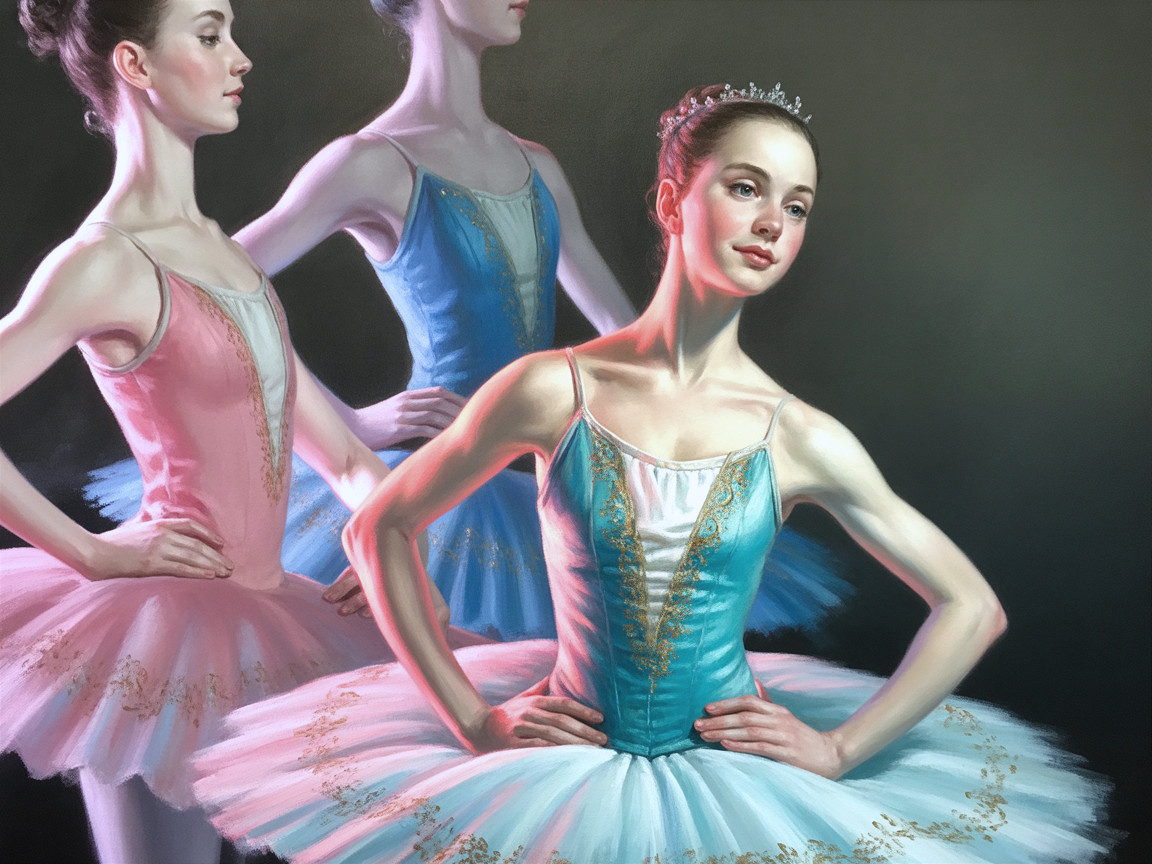 Three Ballerinas in Elegant Poses with Colorful Tutus