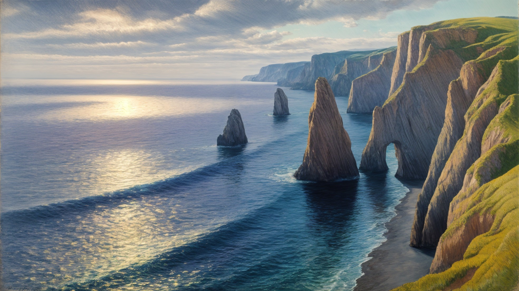 Coastal Landscape with Cliffs and Sunset Reflections