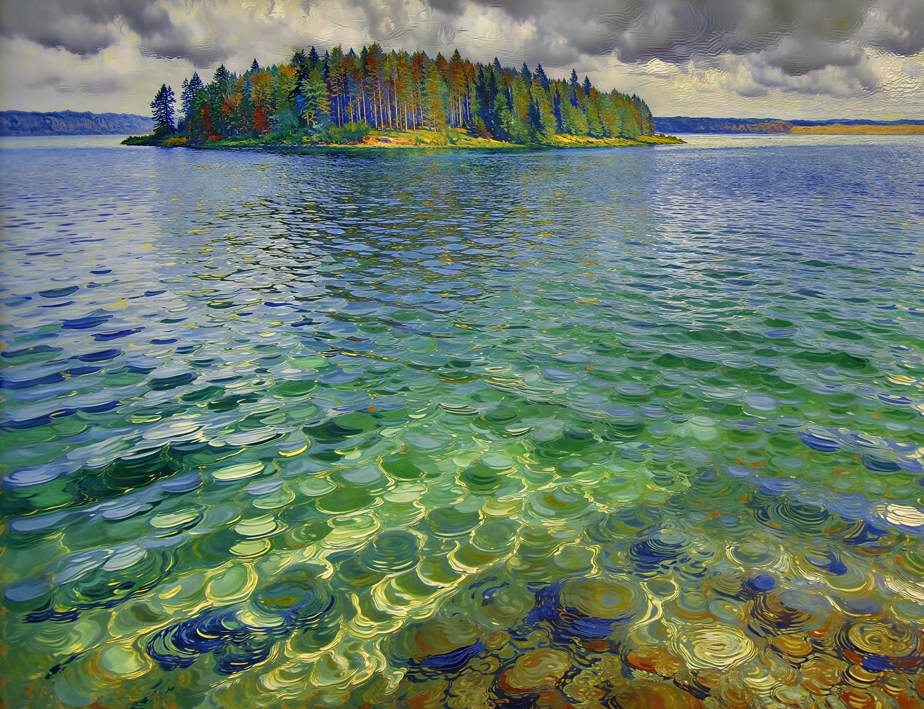 Vibrant Impressionistic Painting of Water and Island