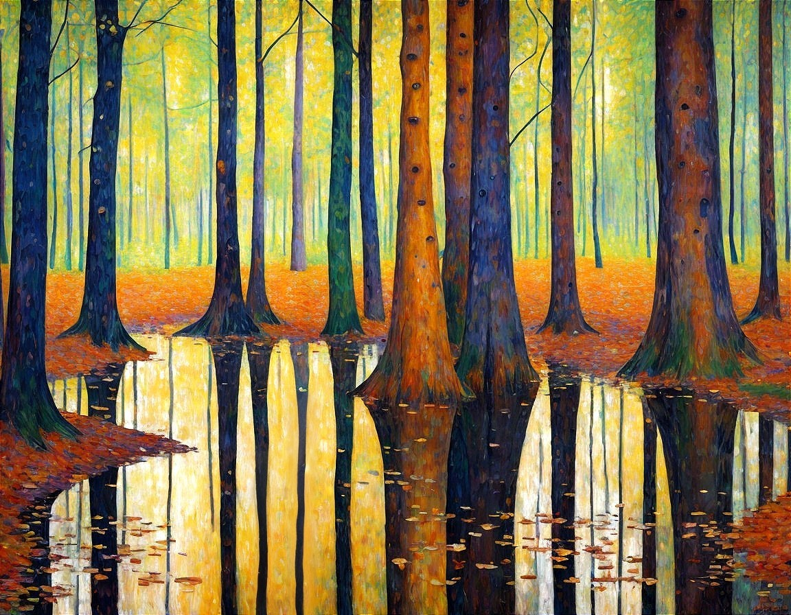 Vibrant Autumn Forest with Multicolored Trees and Pond