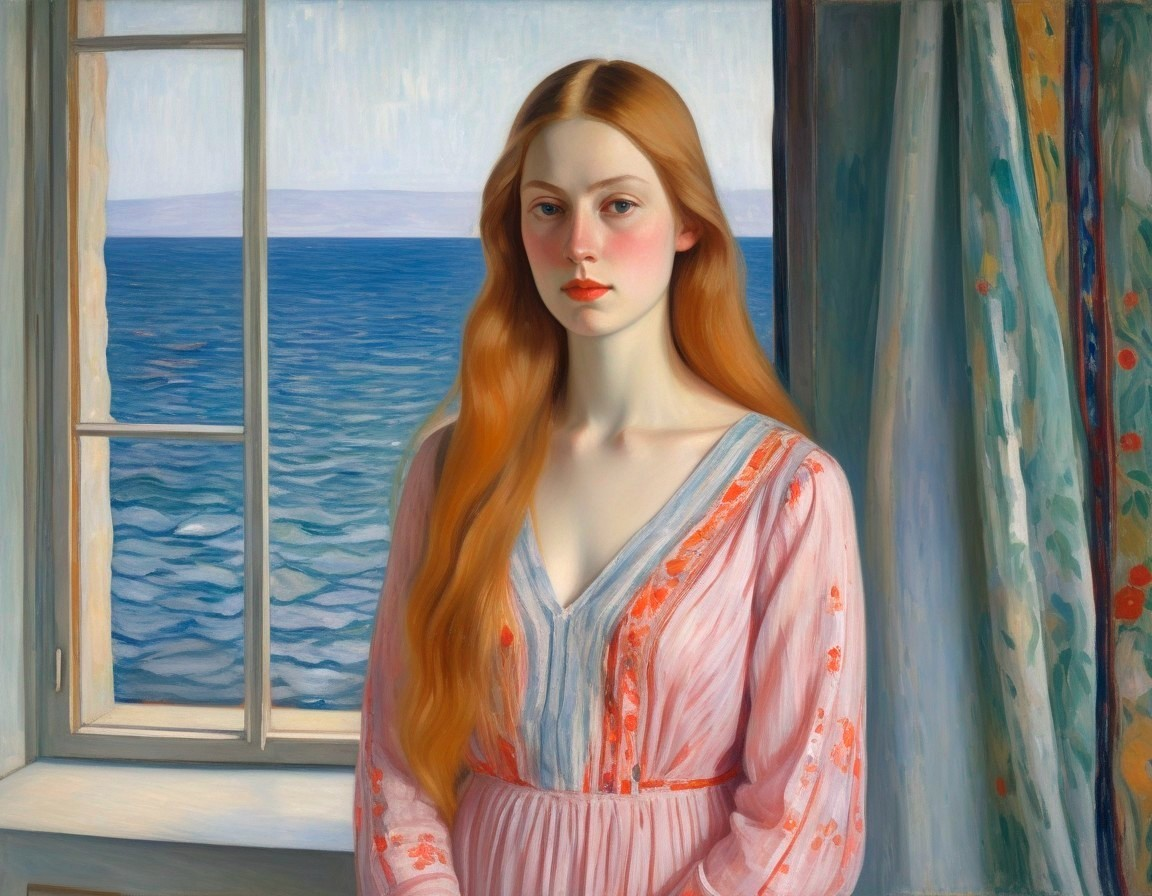 Young woman by window with red hair and seascape