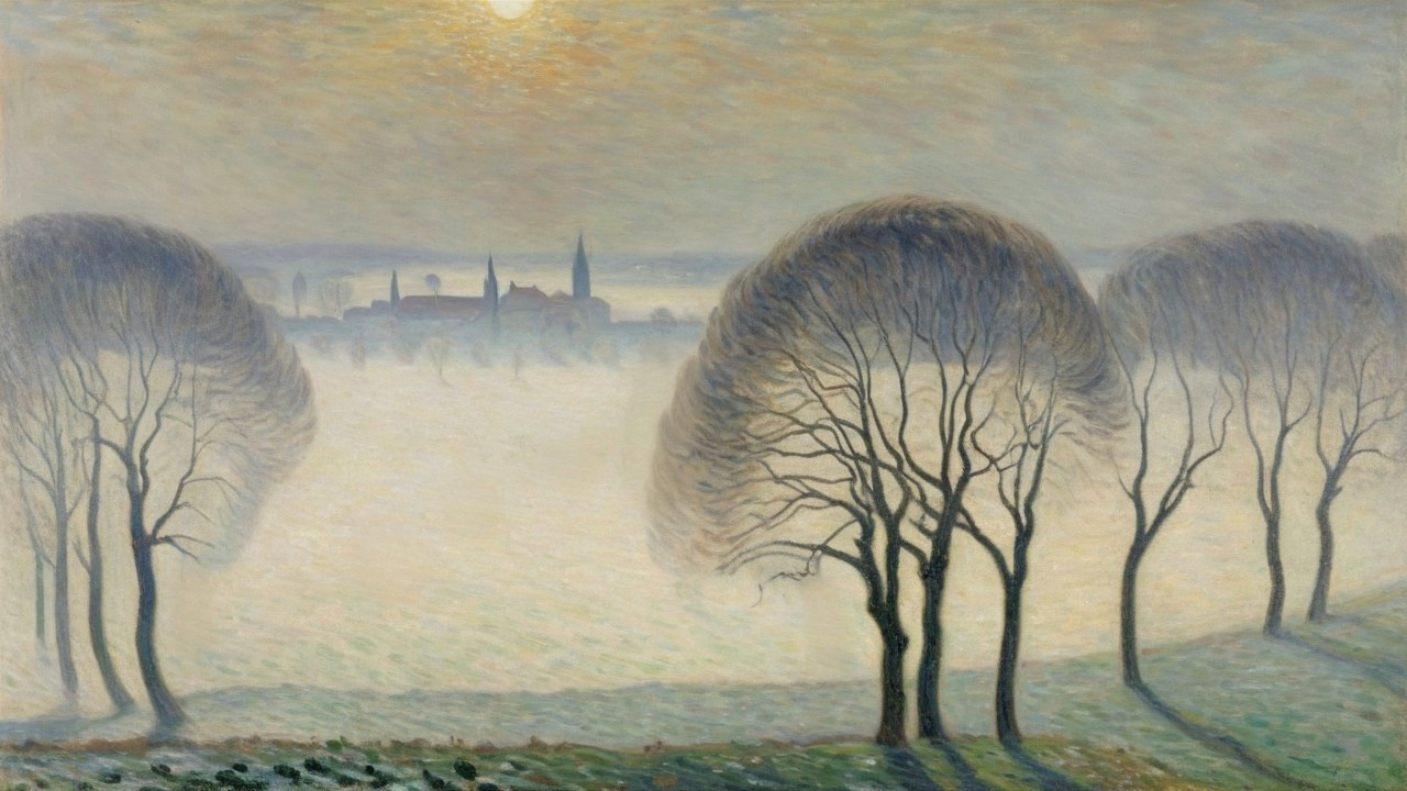 Serene Winter Landscape with Barren Trees and Fog