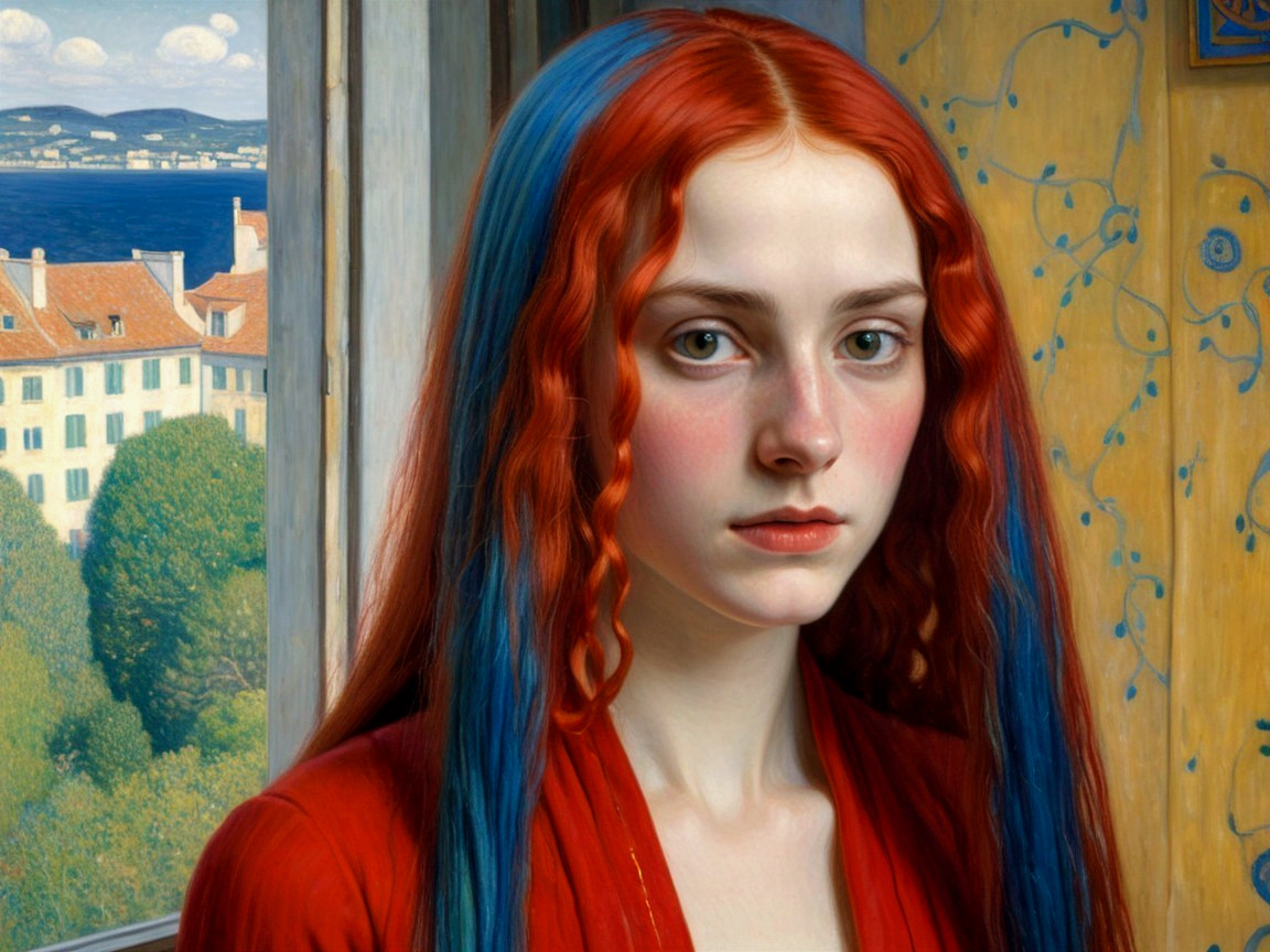 Young woman with red and blue hair by a window