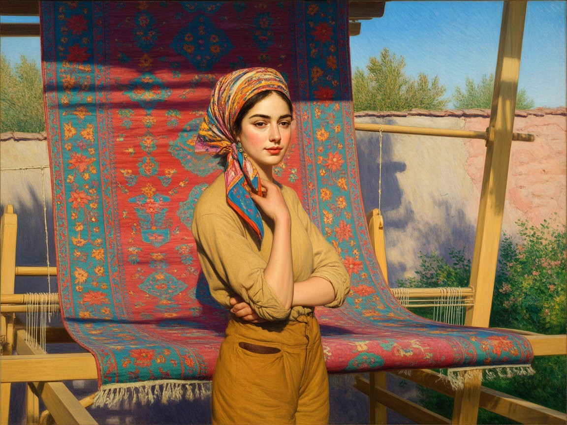Young woman poses by vibrant patterned rug outdoors