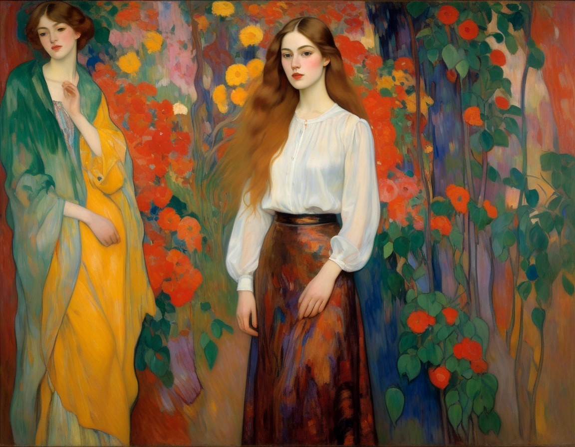 Elegantly Dressed Women in Floral Backdrop