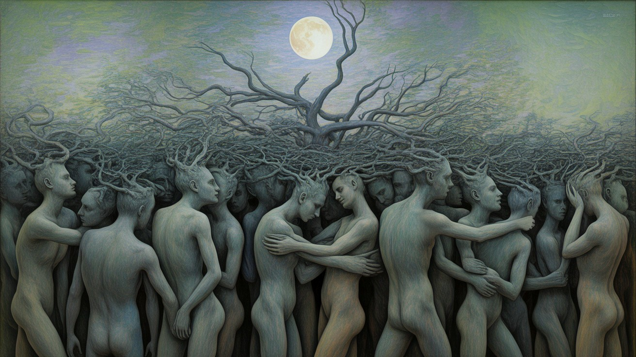 Surreal Landscape of Merged Figures and Nature