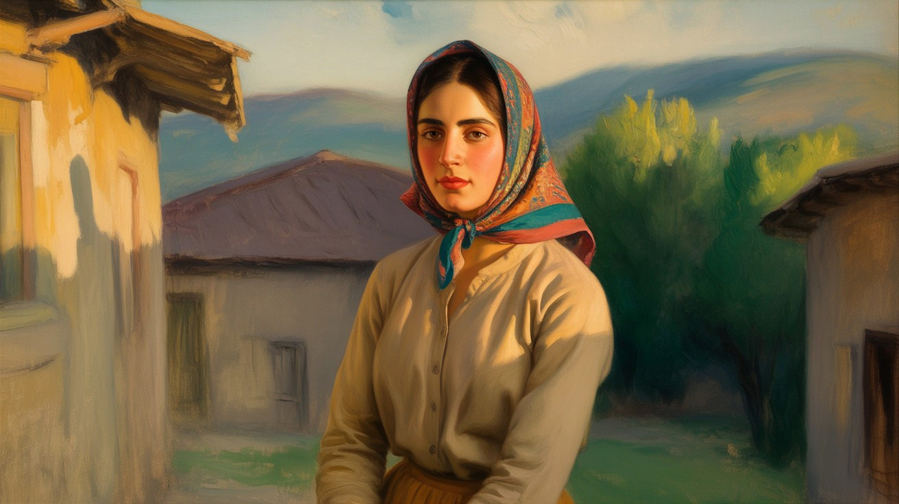 Portrait of a young woman in a colorful headscarf outdoors