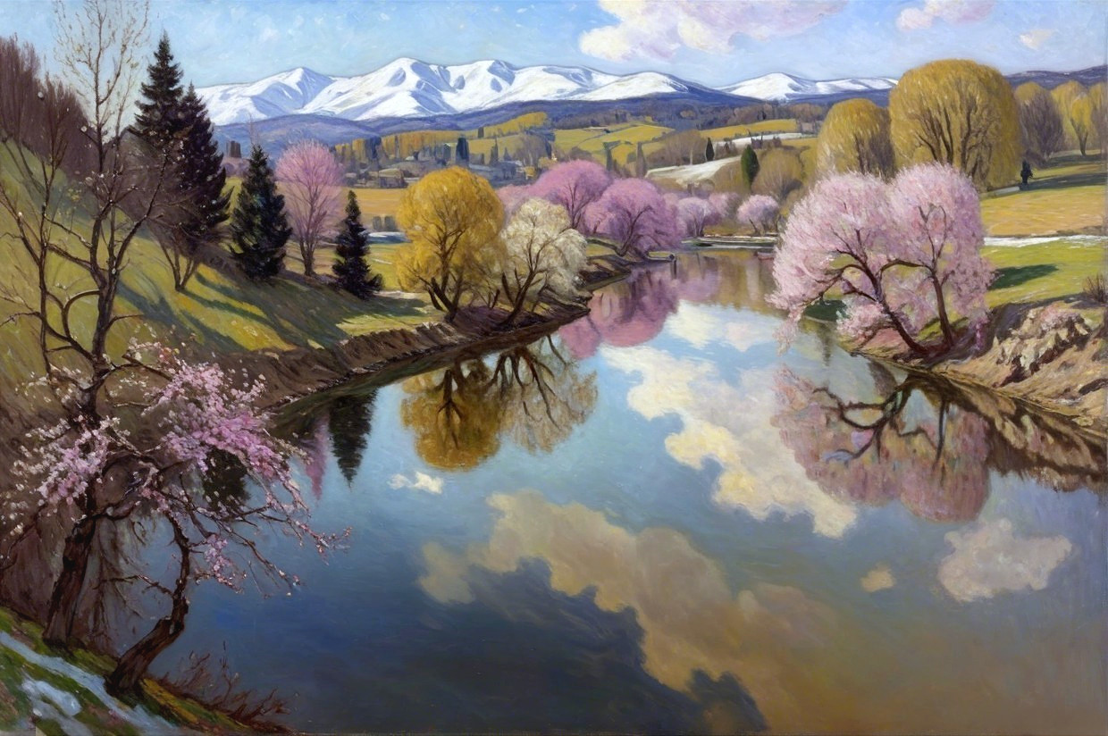 Tranquil River and Cherry Blossoms in Spring Landscape