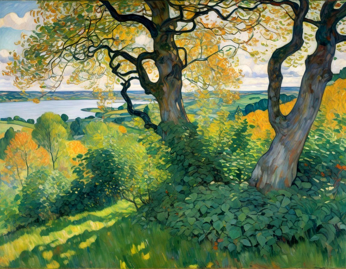 Vibrant Autumn Landscape with Lush Hills and Water