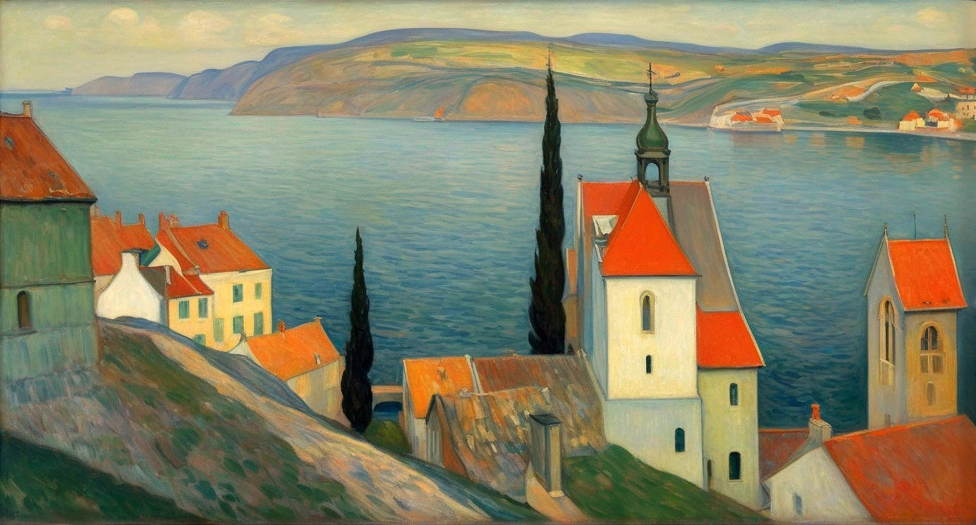 Coastal Landscape with Tranquil Water and Buildings