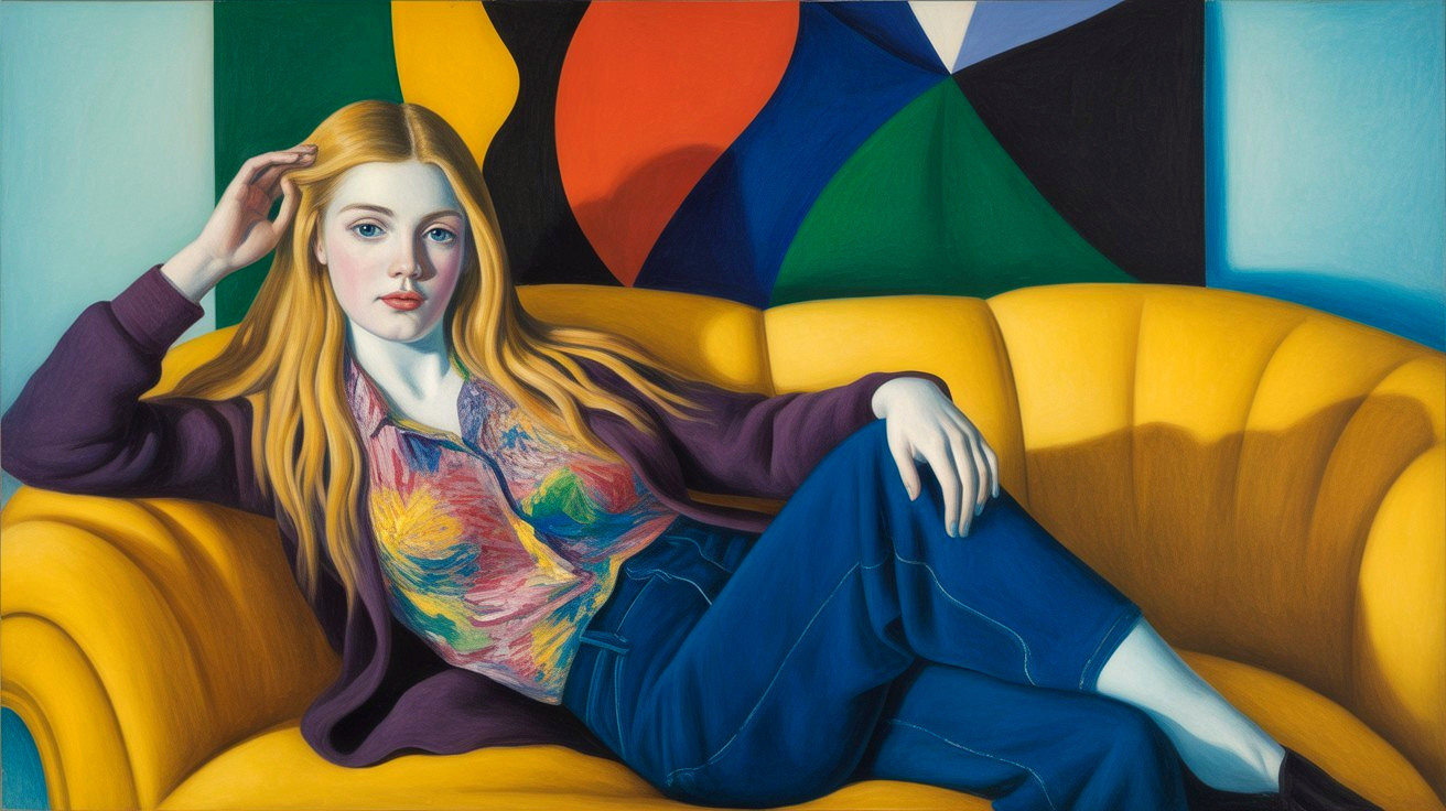 Young Woman Relaxing on Yellow Couch with Abstract Art